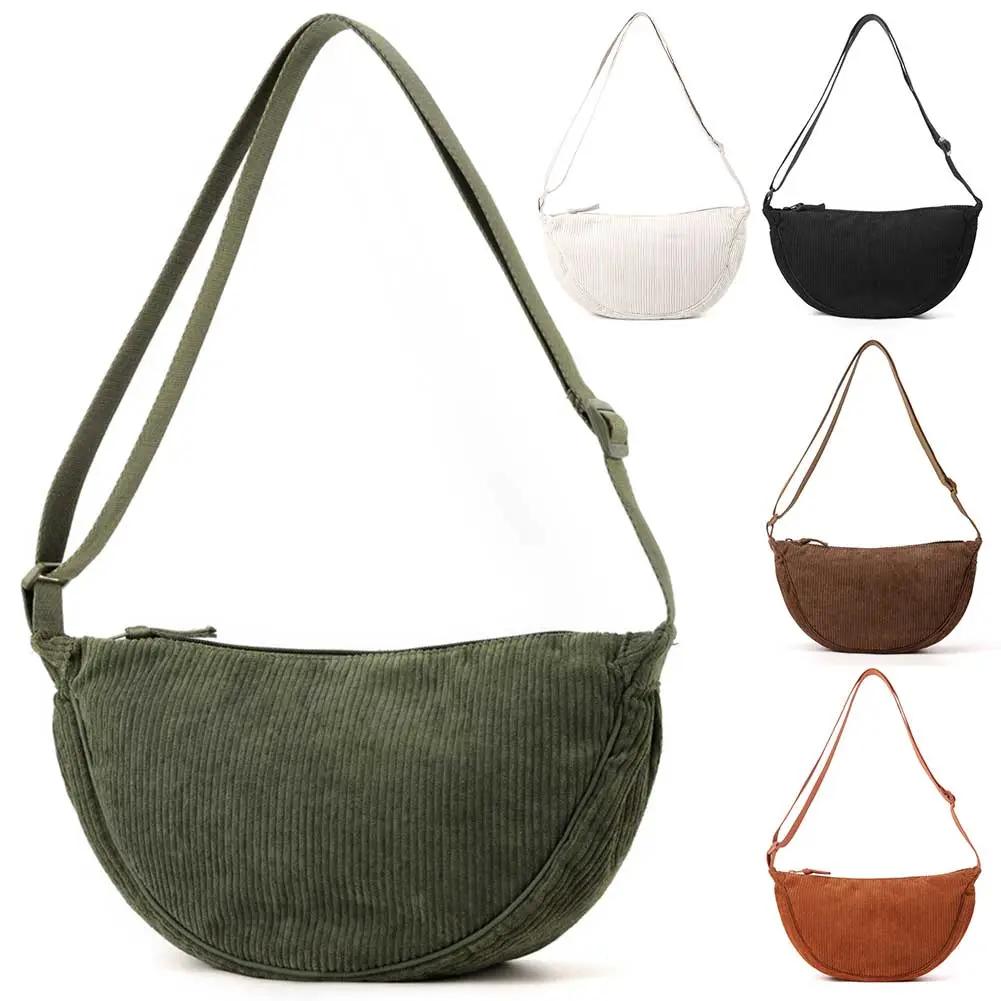 Shoulder Bag Corduroy Adjustable Strap Crescent Bag for Men Women with Zipper Handbag Dumpling Bag for Travel Work