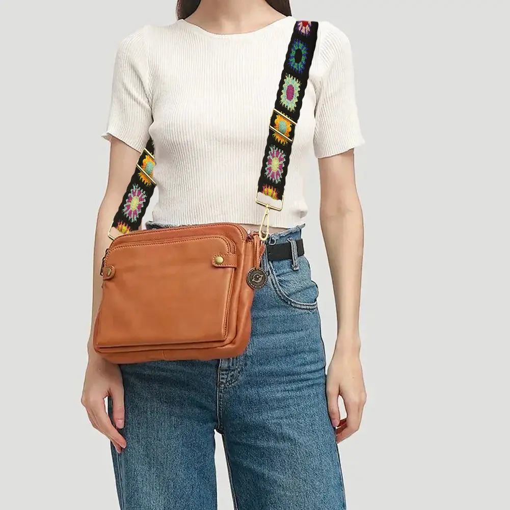 Crochet Flower Bag Strap Breathable Wide Knitted Bag Strap Embroidered Vintage Shoulder Strap for Guitar Bags Wallets Belt Bags