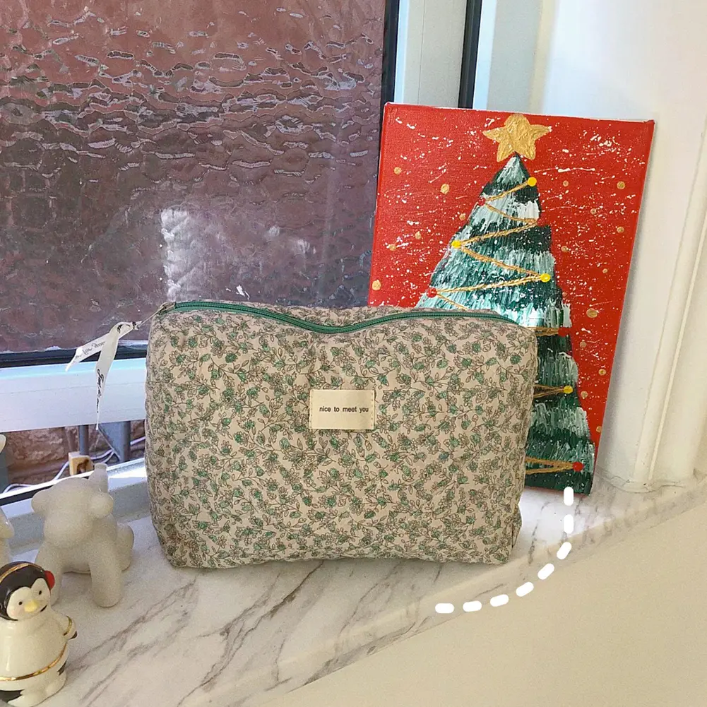 Korean Make Up Handbags Flower Prints Soft Cotton Tote Bag Travel Portable Large Capacity Zipper for Women Girls Wallet Purse