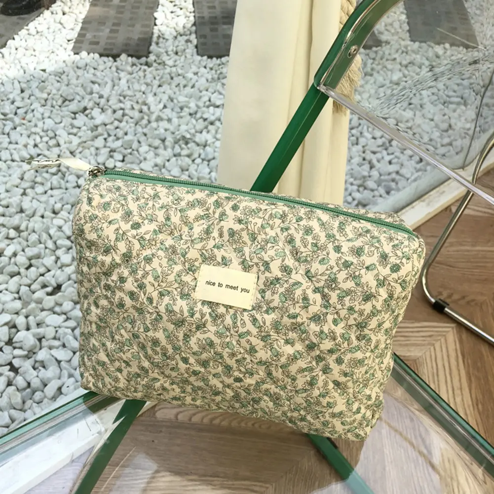 Korean Make Up Handbags Flower Prints Soft Cotton Tote Bag Travel Portable Large Capacity Zipper for Women Girls Wallet Purse