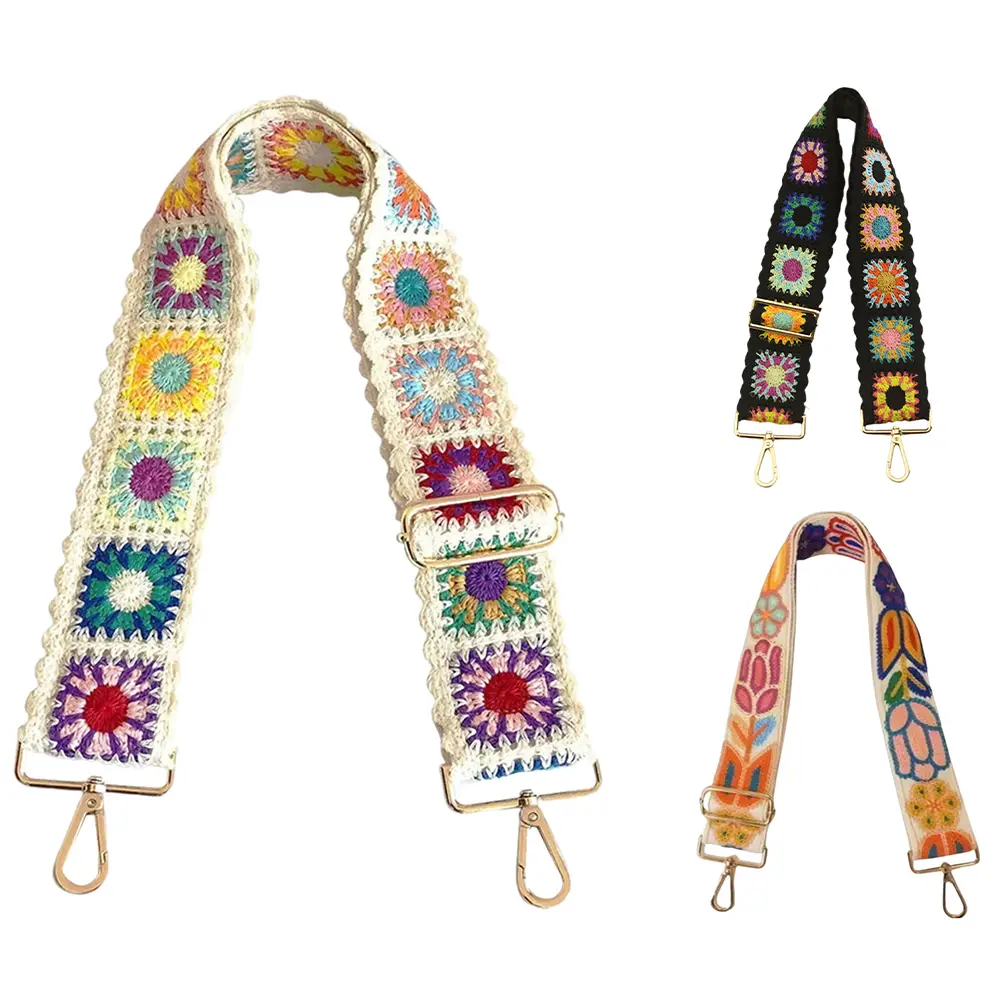 Crochet Flower Bag Strap Breathable Wide Knitted Bag Strap Embroidered Vintage Shoulder Strap for Guitar Bags Wallets Belt Bags