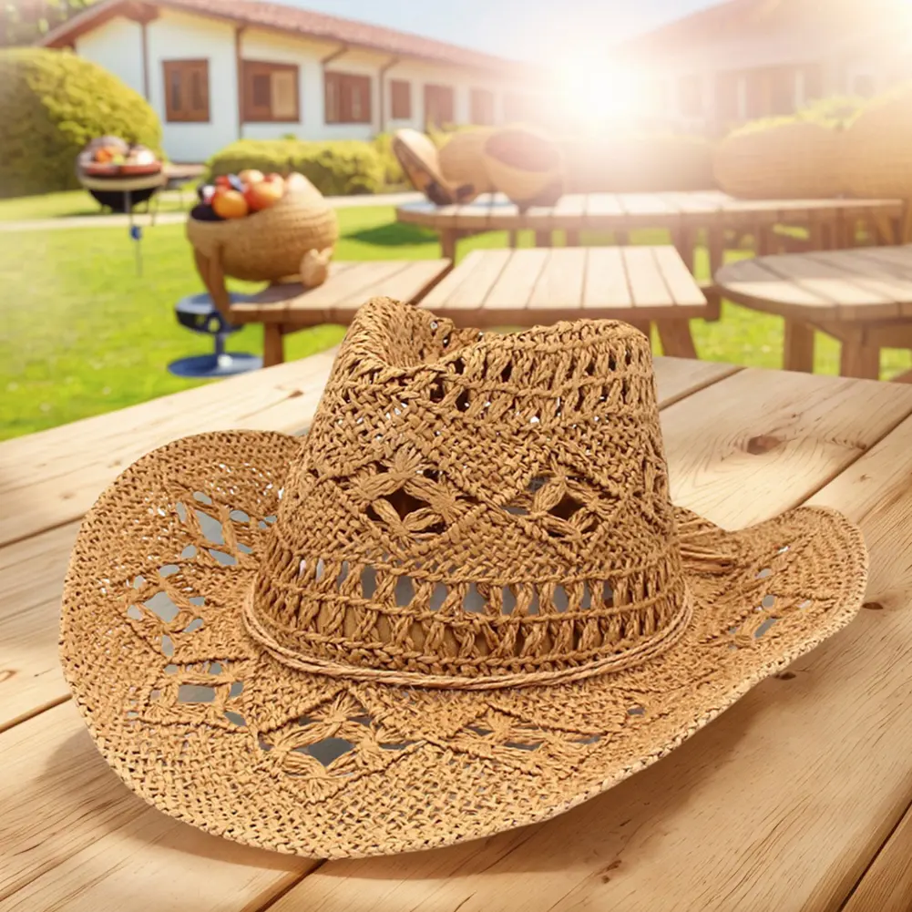 Straw Hollow Cowboy Hat for Women Men Western Shapeable Wide Brim Sun Hat for Music Festival Party Beach