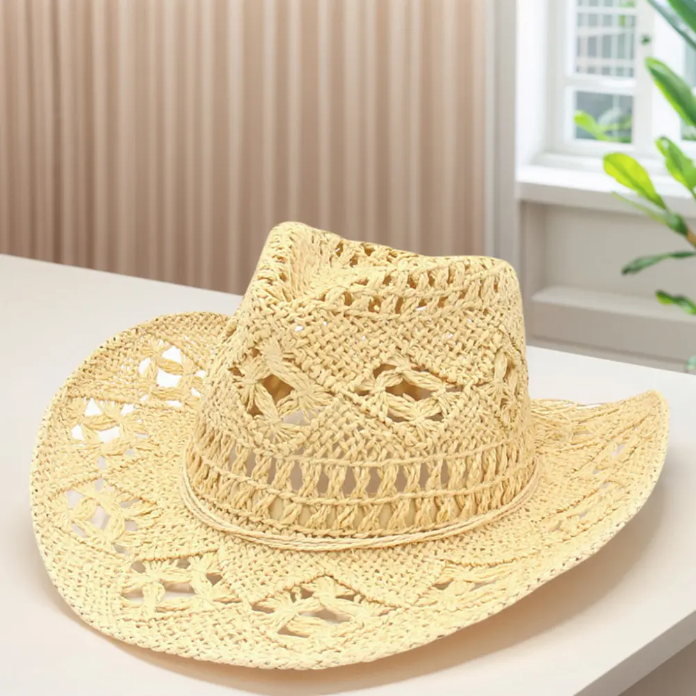 Straw Hollow Cowboy Hat for Women Men Western Shapeable Wide Brim Sun Hat for Music Festival Party Beach