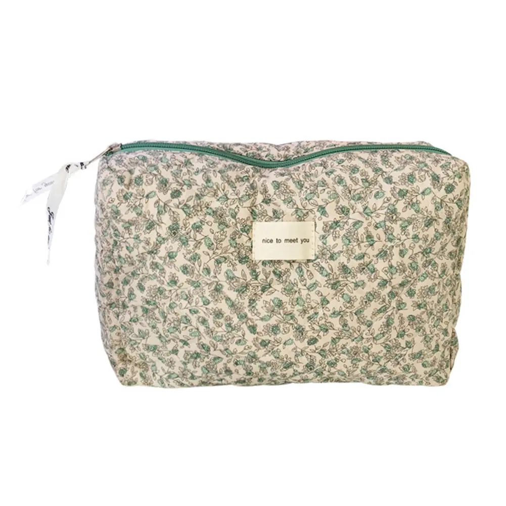 Korean Make Up Handbags Flower Prints Soft Cotton Tote Bag Travel Portable Large Capacity Zipper for Women Girls Wallet Purse