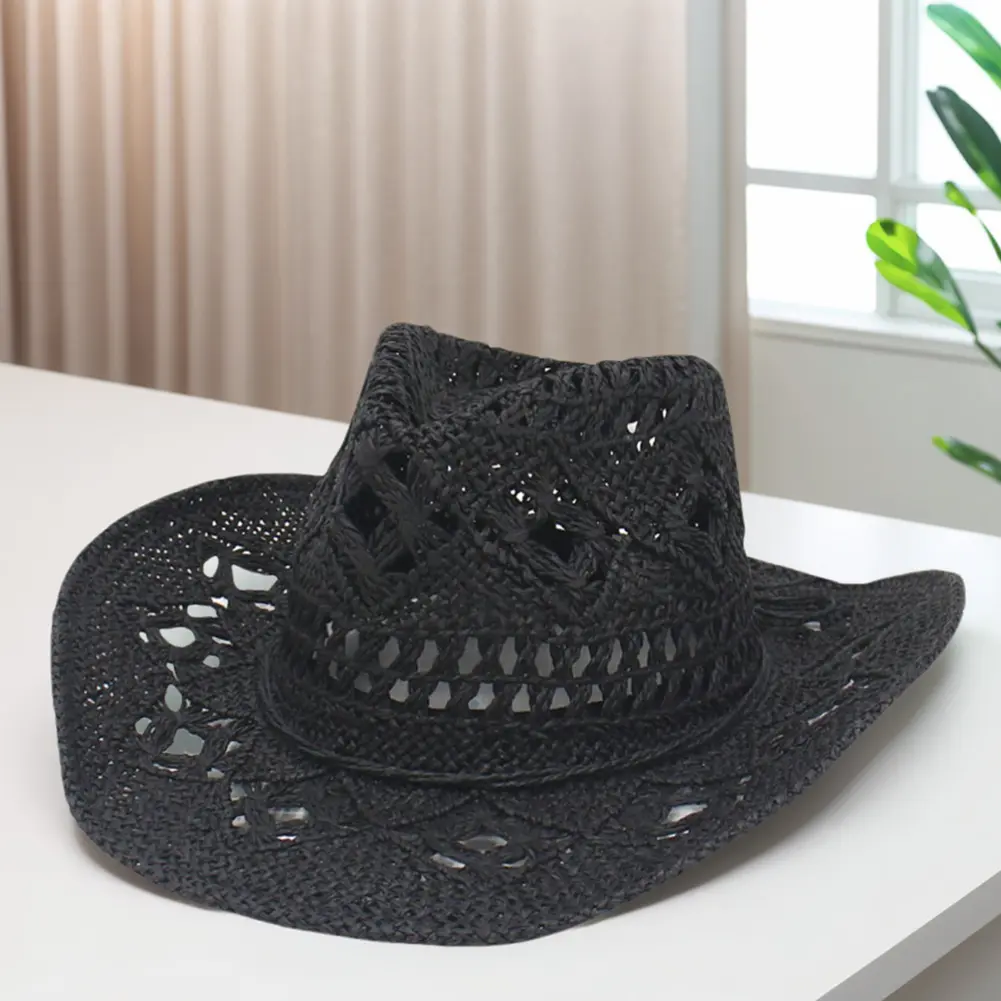 Straw Hollow Cowboy Hat for Women Men Western Shapeable Wide Brim Sun Hat for Music Festival Party Beach