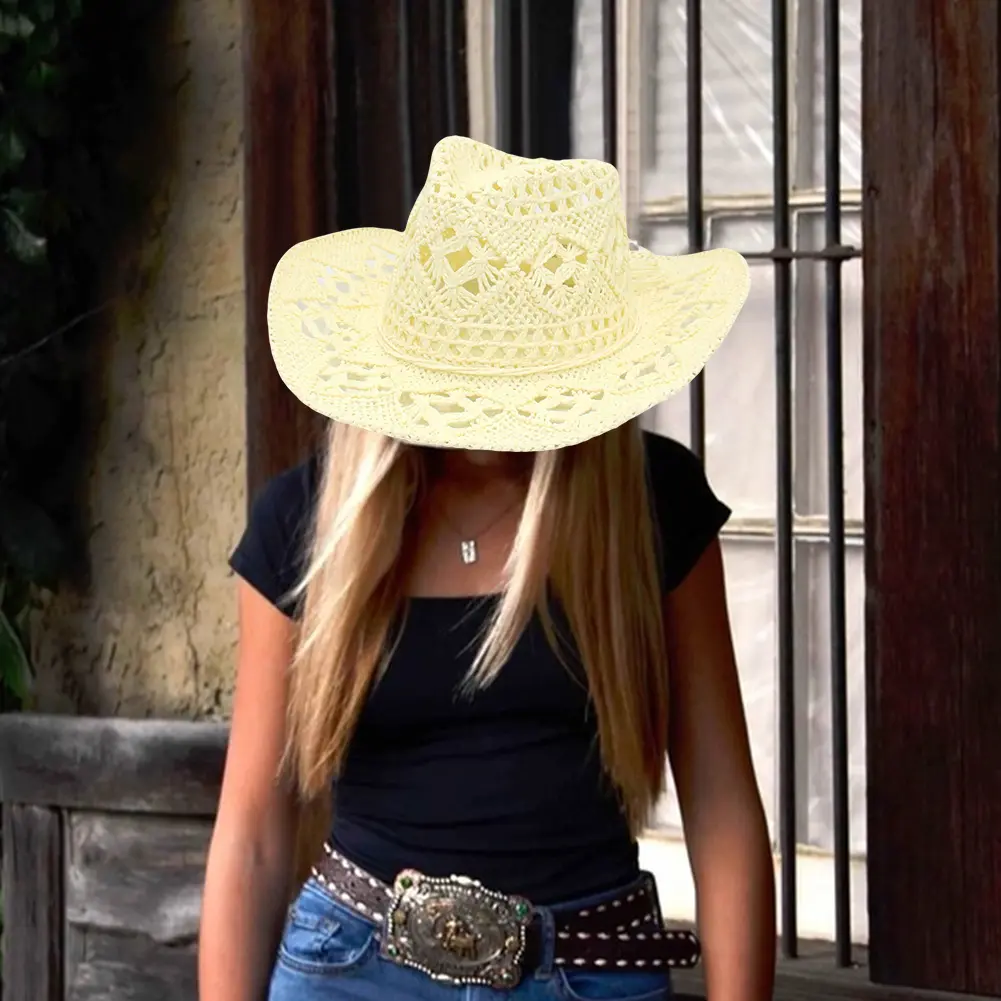 Straw Hollow Cowboy Hat for Women Men Western Shapeable Wide Brim Sun Hat for Music Festival Party Beach