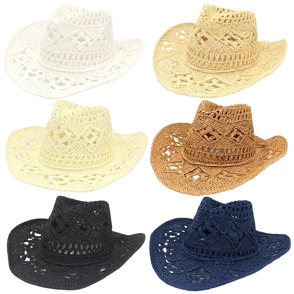 Straw Hollow Cowboy Hat for Women Men Western Shapeable Wide Brim Sun Hat for Music Festival Party Beach
