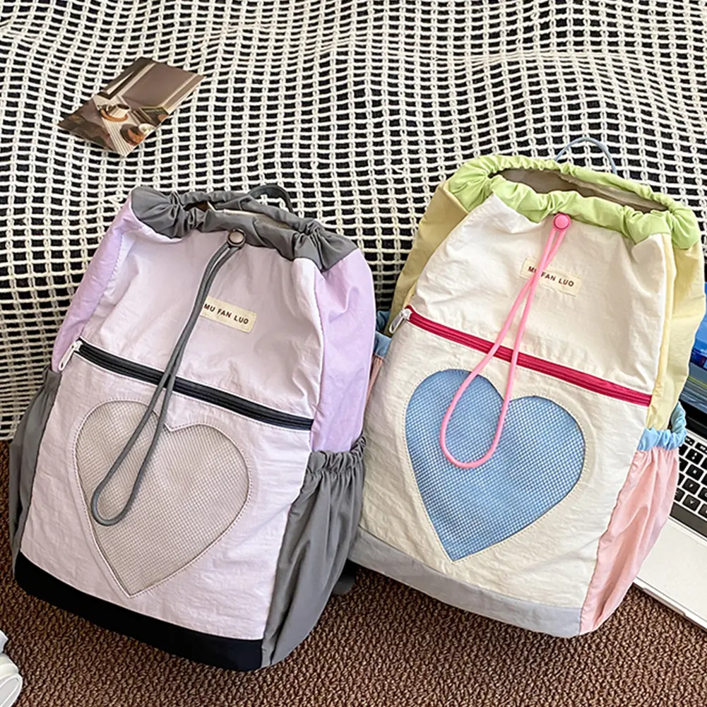 Backpack for Women Girls Color-Block School Bag Nylon Drawstring Laptop Backpack Adjustable Strap Rucksack for Travel School