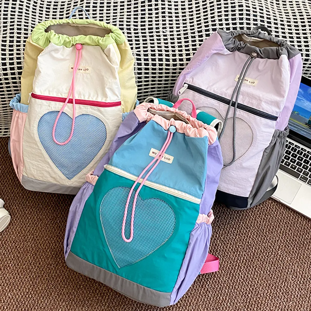 Backpack for Women Girls Color-Block School Bag Nylon Drawstring Laptop Backpack Adjustable Strap Rucksack for Travel School