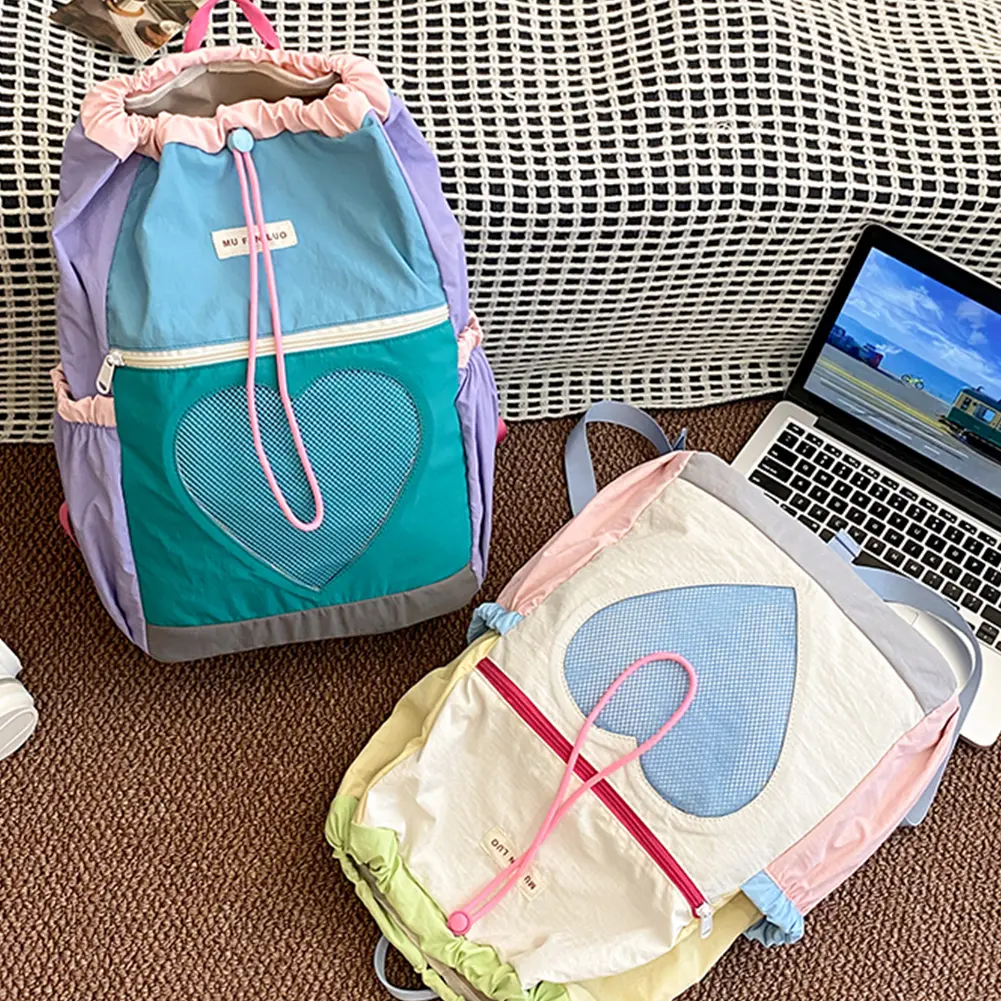 Backpack for Women Girls Color-Block School Bag Nylon Drawstring Laptop Backpack Adjustable Strap Rucksack for Travel School