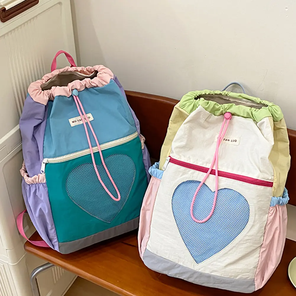 Backpack for Women Girls Color-Block School Bag Nylon Drawstring Laptop Backpack Adjustable Strap Rucksack for Travel School