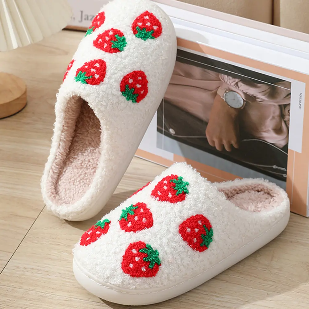 Strawberry Plush Slippers Flat Thermal Slippers Comfortable Cute Strawberry Slippers Anti Slip Furry Slides for Indoor Bedroom