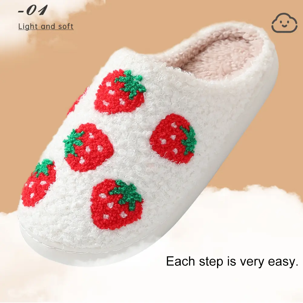 Strawberry Plush Slippers Flat Thermal Slippers Comfortable Cute Strawberry Slippers Anti Slip Furry Slides for Indoor Bedroom
