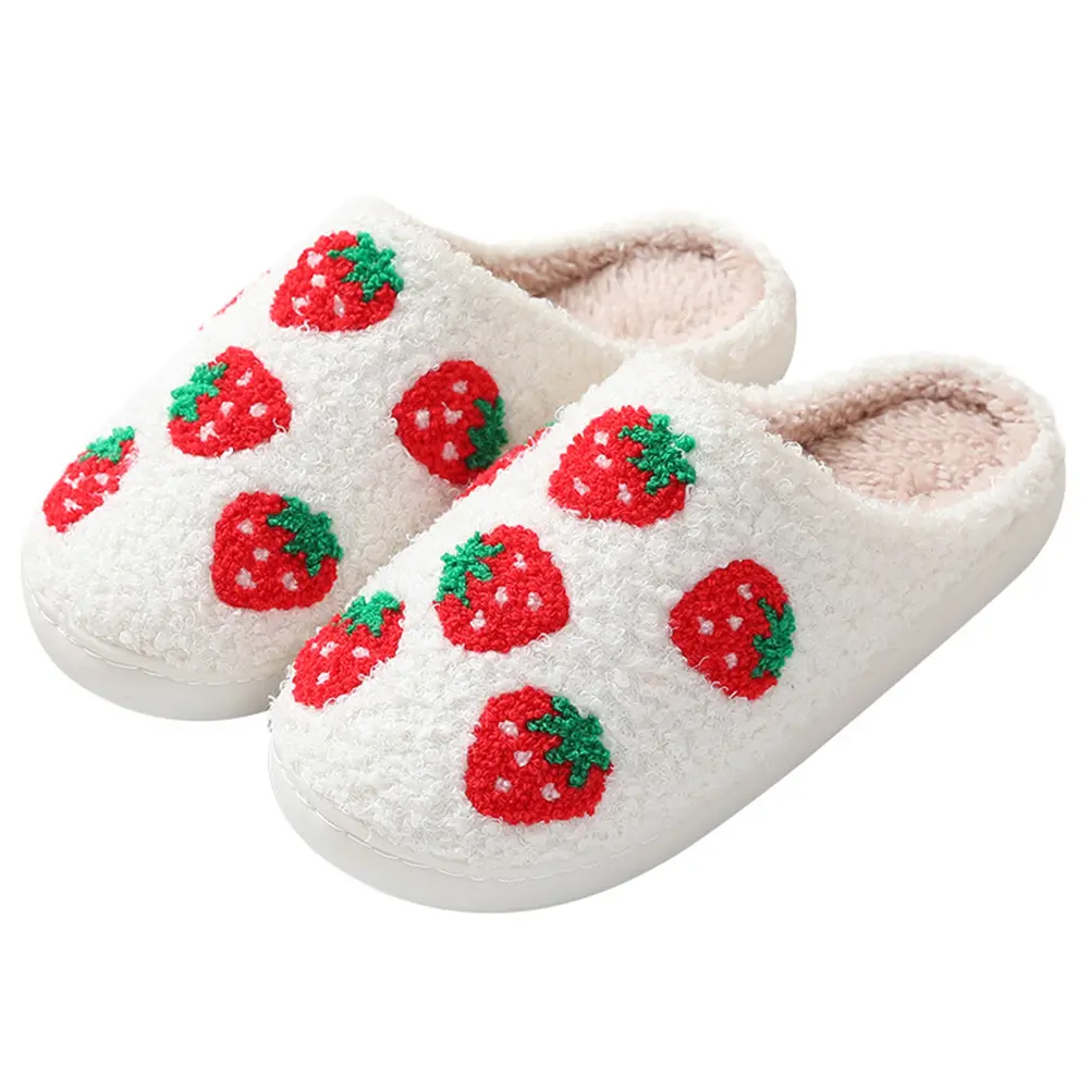 Strawberry Plush Slippers Flat Thermal Slippers Comfortable Cute Strawberry Slippers Anti Slip Furry Slides for Indoor Bedroom