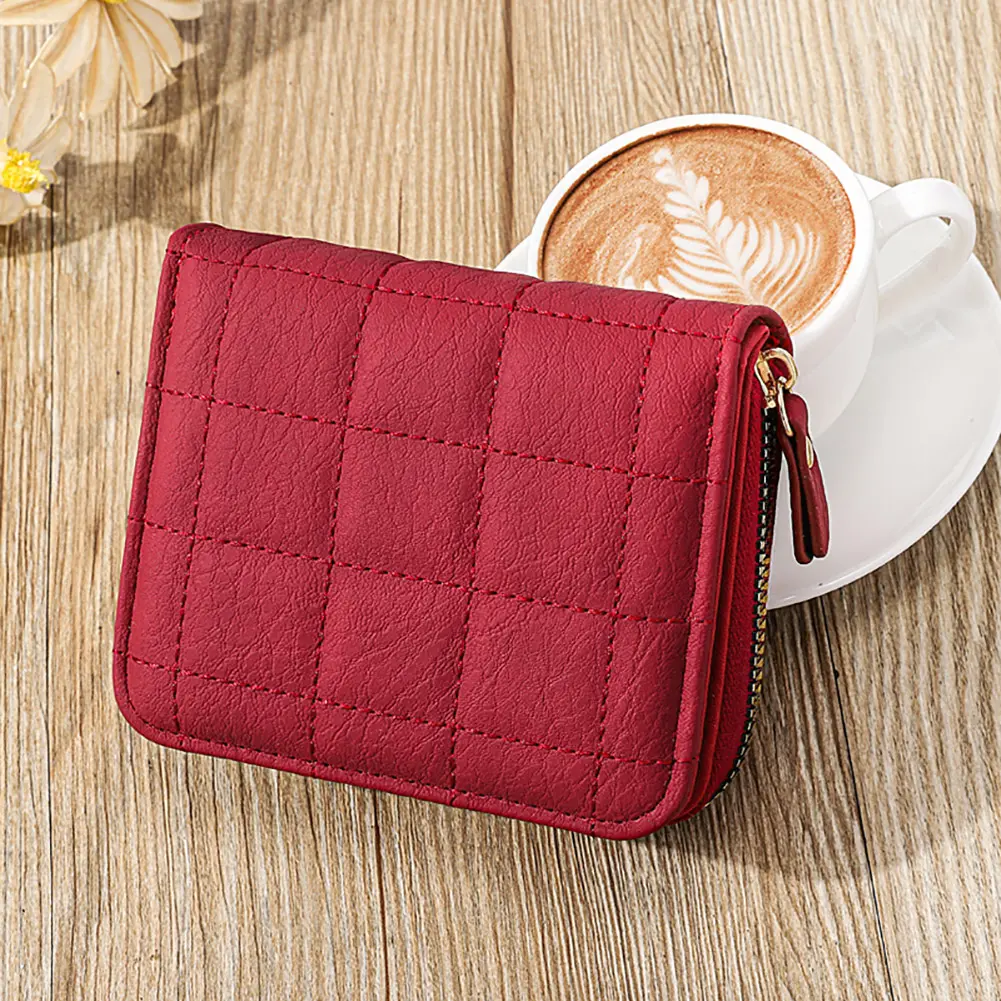 Women PU Leather Plaid Purses Fashion Small Zipper Wallet Fashion Slim Coin Purse Cash Pocket Bag Solid Color Bag for Coins