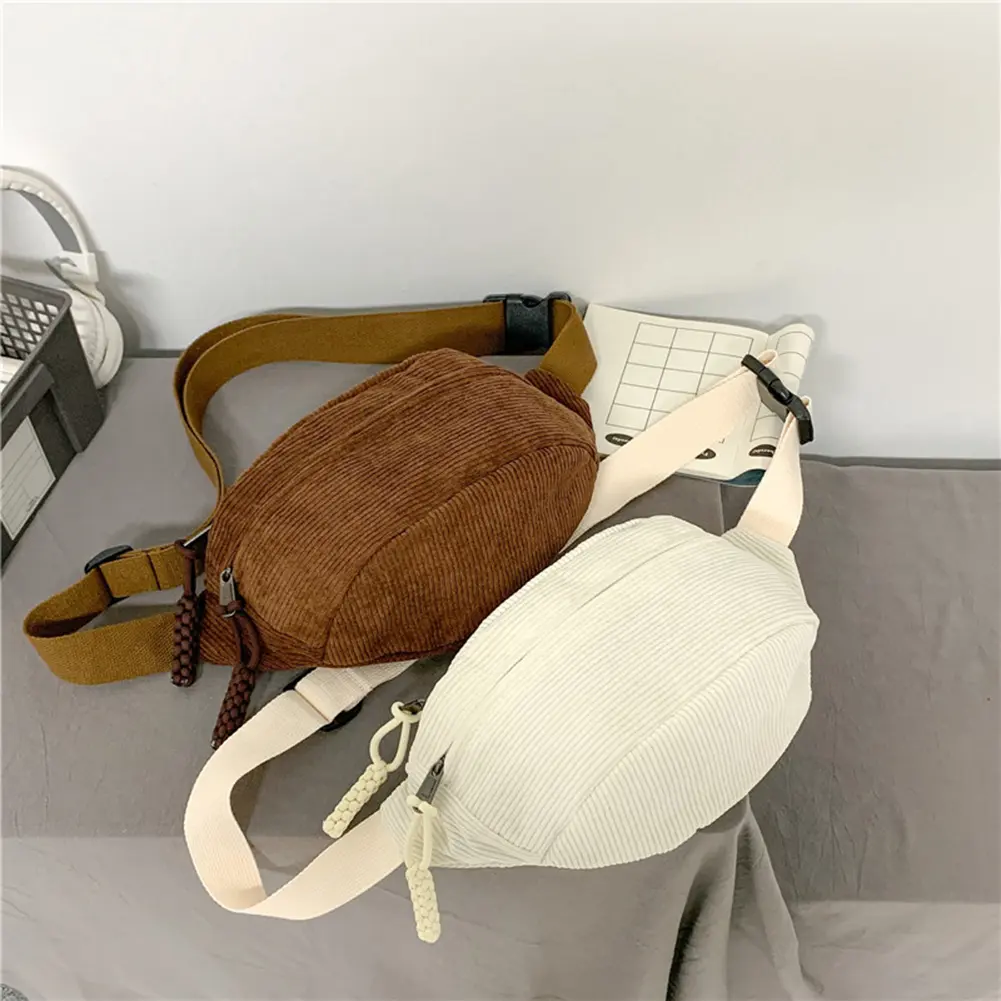 Women Fanny Pack Large Capacity Corduroy Chest Bag Solid Color Shoulder Bag Adjustable Strap Multifunction Stylish Satchel Bag