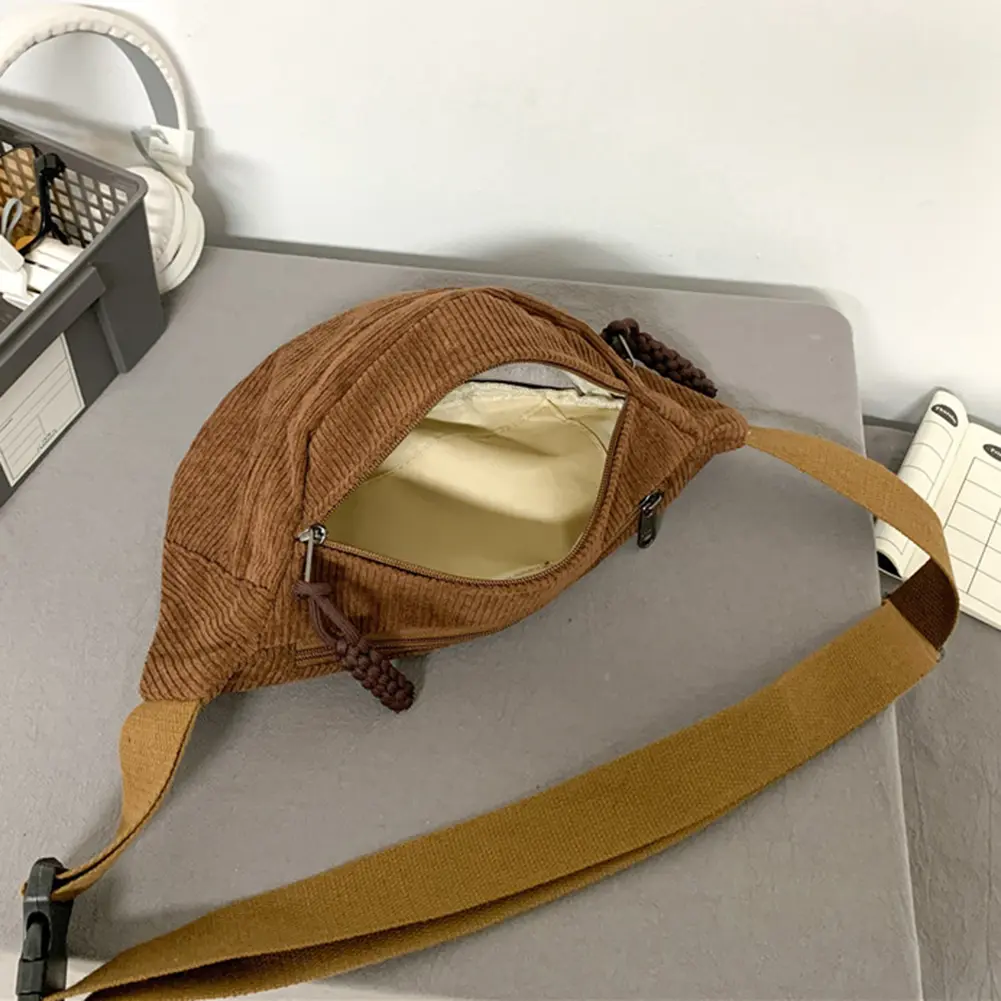 Women Fanny Pack Large Capacity Corduroy Chest Bag Solid Color Shoulder Bag Adjustable Strap Multifunction Stylish Satchel Bag
