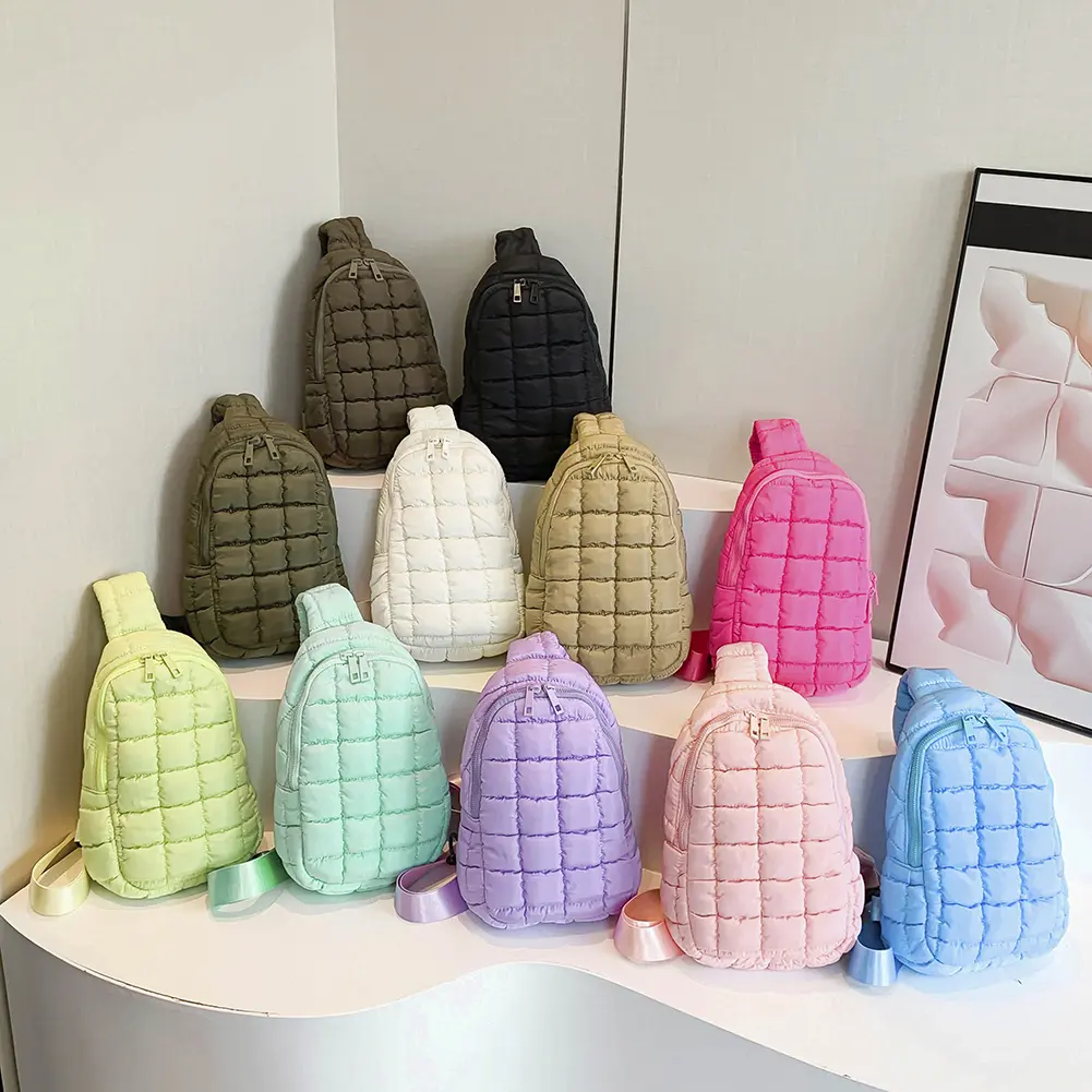 Women Quilted Chest Bag Puffer Crossbody Sling Bag Adjustable Strap Simple Shoulder Bag Casual Waist Pack Outdoor Travel Bag