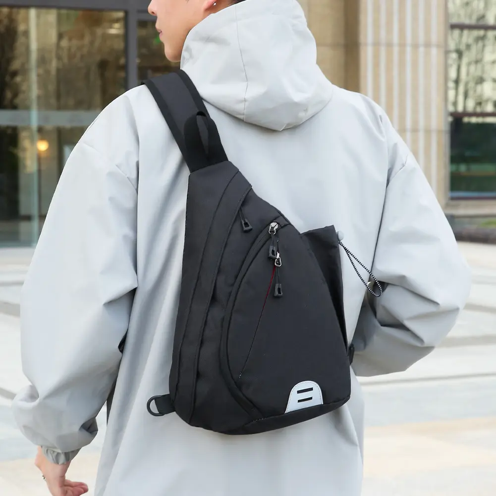 Men Nylon Crossbody Bag with Headphone Hole Versatile Shoulder Bag Wear Resist Oxford Cloth Sling Bag Outdoor Zipper Phone Pouch
