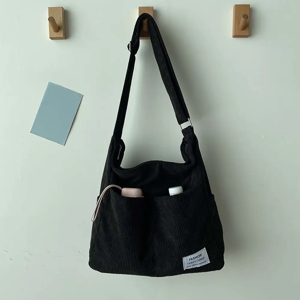 Women Corduroy Shoulder Bag Casual Multi Pocket Handbag Soft Large Crossbody Bag Versatile Adjustable Strap Reusable Grocery Bag