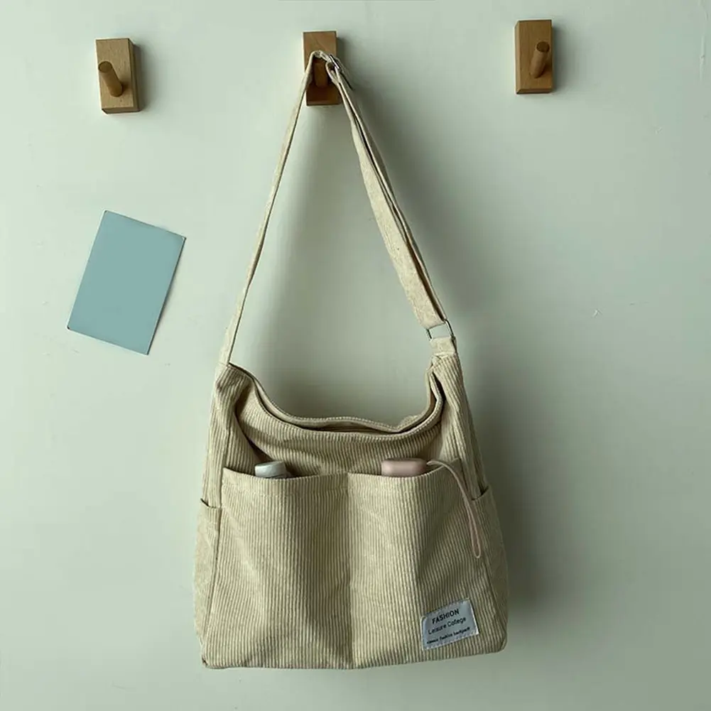 Women Corduroy Shoulder Bag Casual Multi Pocket Handbag Soft Large Crossbody Bag Versatile Adjustable Strap Reusable Grocery Bag