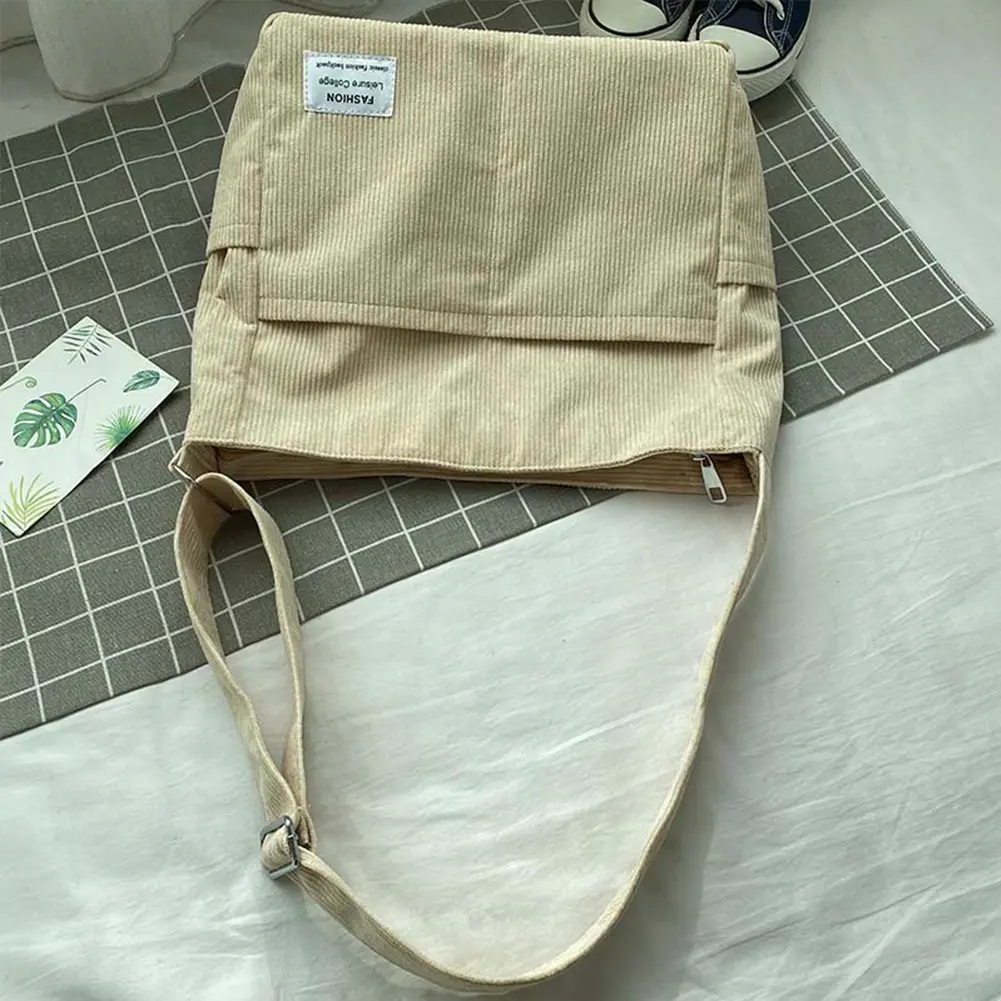 Women Corduroy Shoulder Bag Casual Multi Pocket Handbag Soft Large Crossbody Bag Versatile Adjustable Strap Reusable Grocery Bag