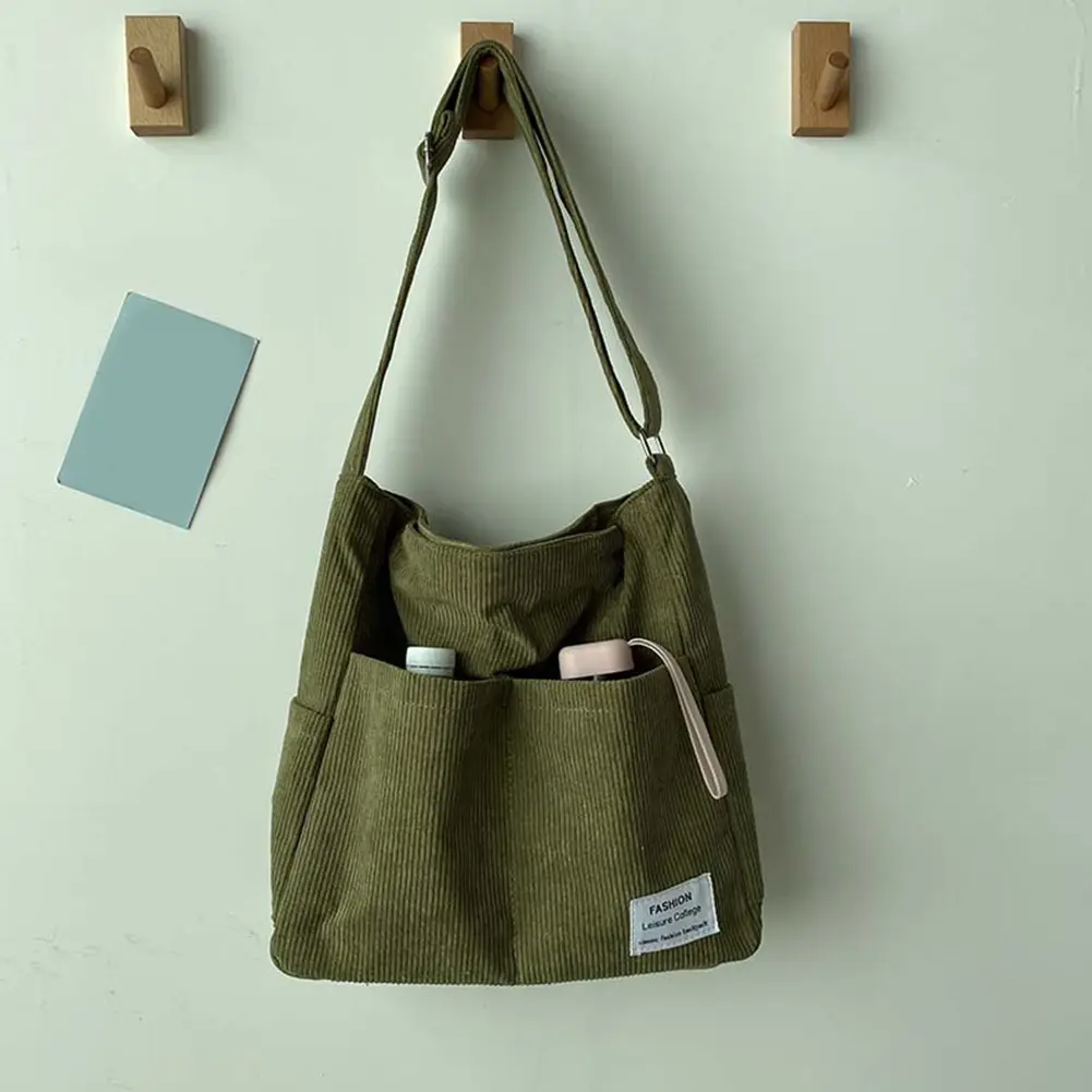 Women Corduroy Shoulder Bag Casual Multi Pocket Handbag Soft Large Crossbody Bag Versatile Adjustable Strap Reusable Grocery Bag