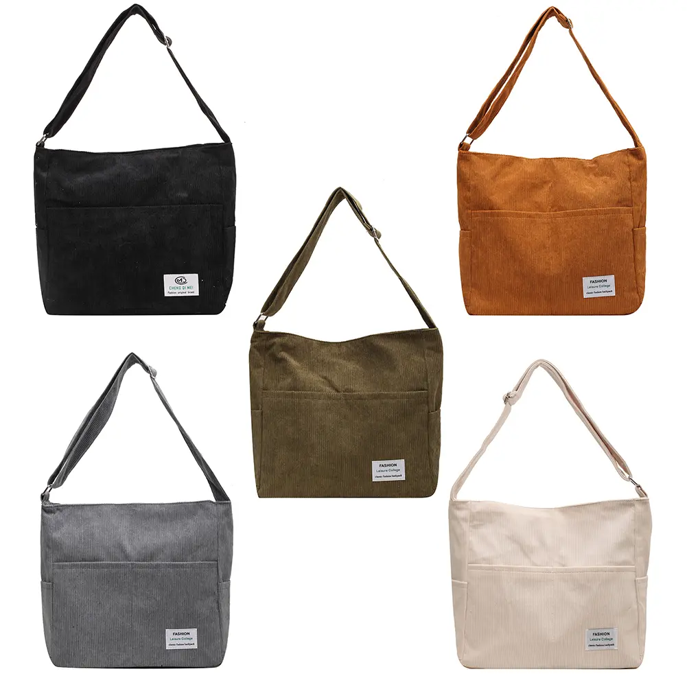 Women Corduroy Shoulder Bag Casual Multi Pocket Handbag Soft Large Crossbody Bag Versatile Adjustable Strap Reusable Grocery Bag