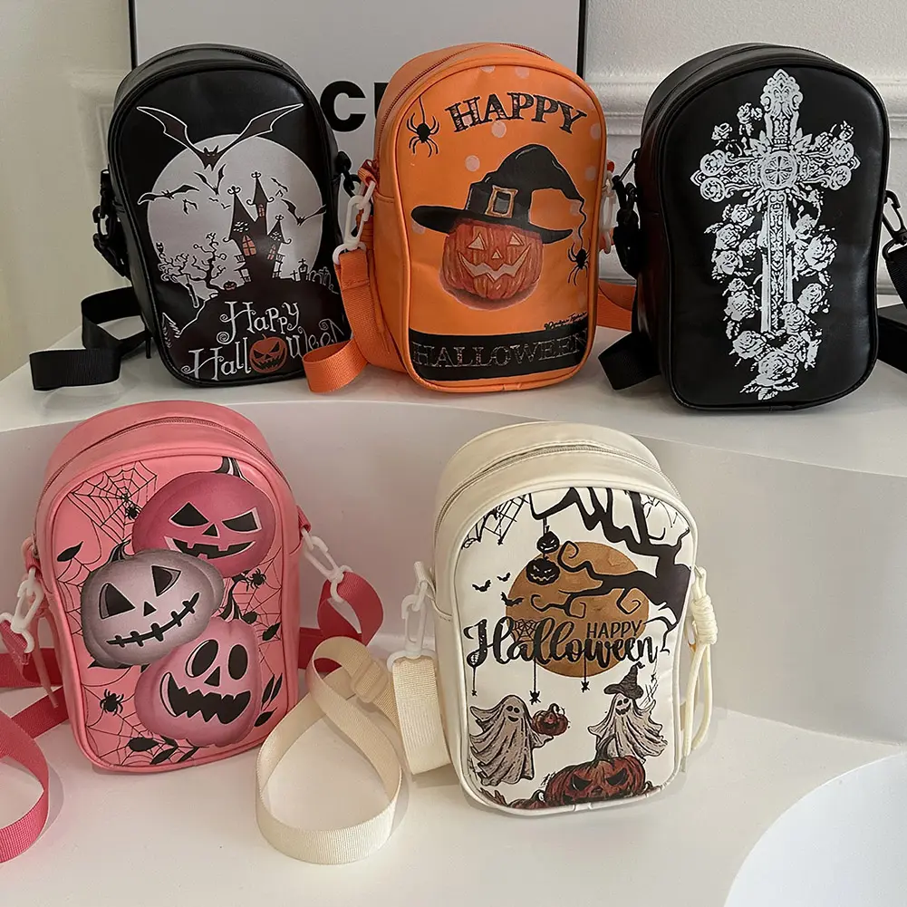 Halloween PU Crossbody Bag Pumpkin Shoulder Bag Adjustable Strap Spooky Phone Pouch Gothic Sling Bag Novelty Shoulder Purse