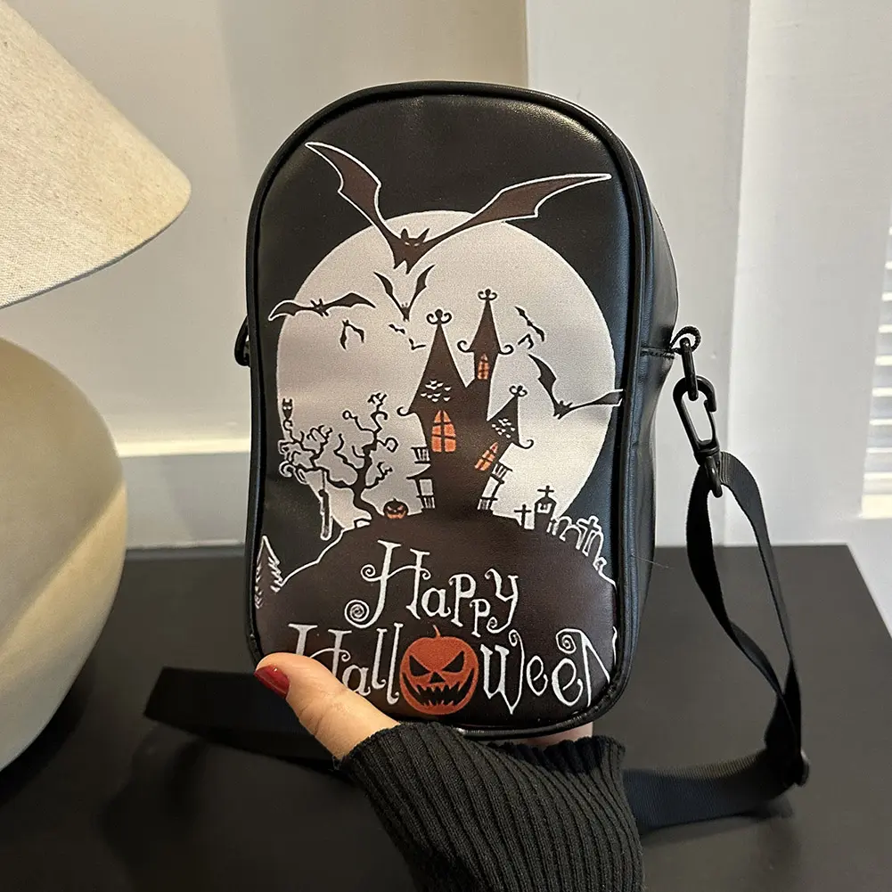 Halloween PU Crossbody Bag Pumpkin Shoulder Bag Adjustable Strap Spooky Phone Pouch Gothic Sling Bag Novelty Shoulder Purse
