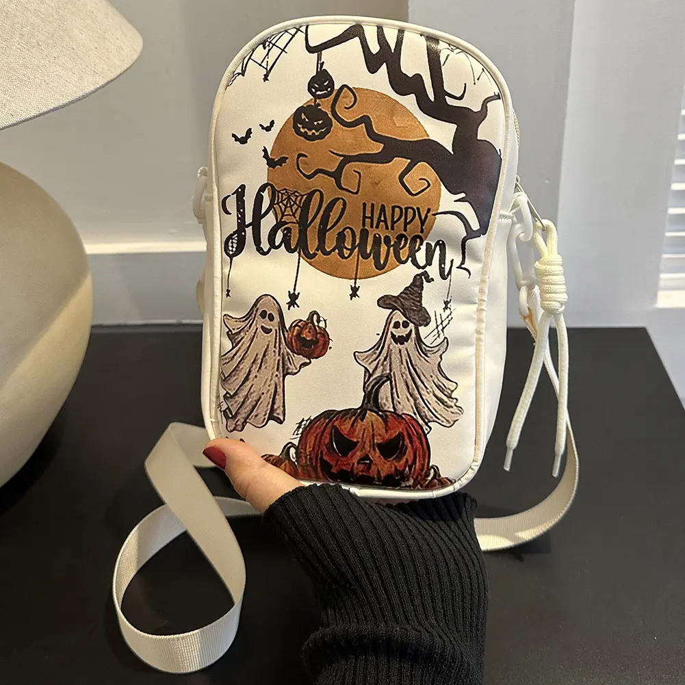 Halloween PU Crossbody Bag Pumpkin Shoulder Bag Adjustable Strap Spooky Phone Pouch Gothic Sling Bag Novelty Shoulder Purse