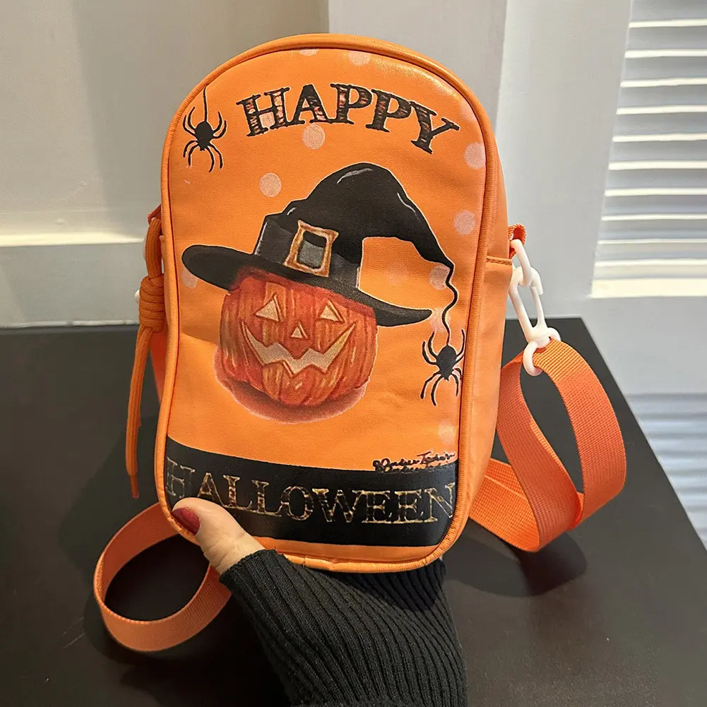 Halloween PU Crossbody Bag Pumpkin Shoulder Bag Adjustable Strap Spooky Phone Pouch Gothic Sling Bag Novelty Shoulder Purse