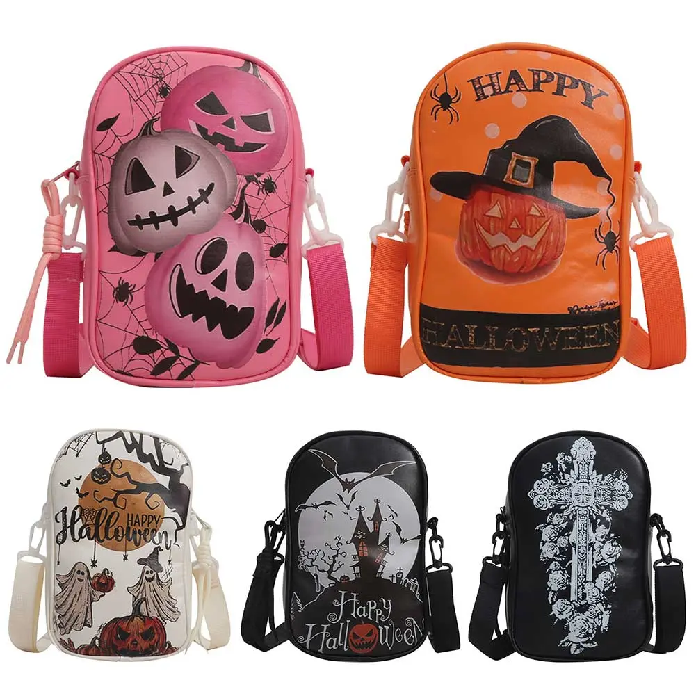 Halloween PU Crossbody Bag Pumpkin Shoulder Bag Adjustable Strap Spooky Phone Pouch Gothic Sling Bag Novelty Shoulder Purse