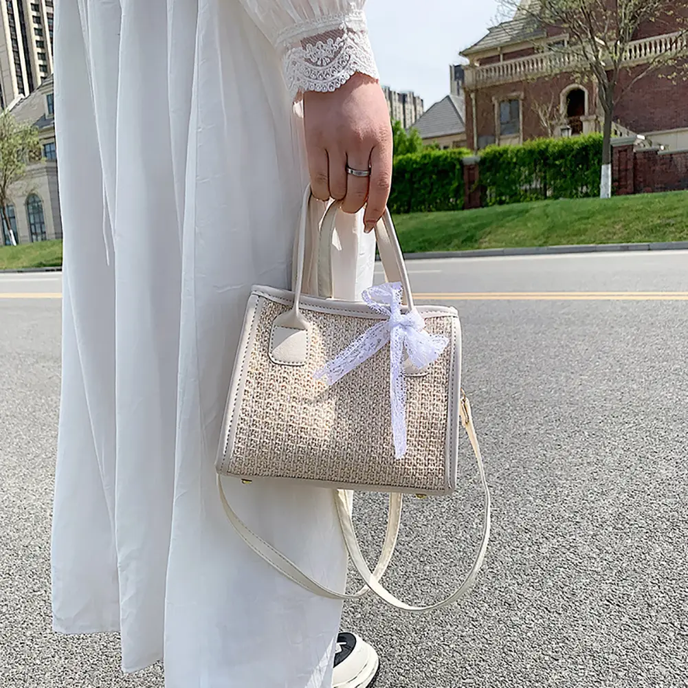 Straw Woven Shoulder Bag Summer Beach Lace Splicing Women Shopping Beach Purse