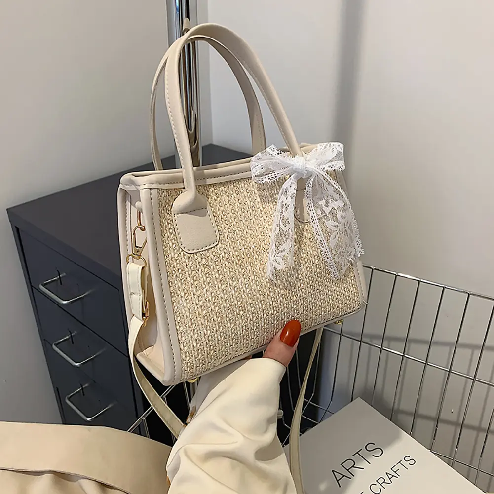 Straw Woven Shoulder Bag Summer Beach Lace Splicing Women Shopping Beach Purse