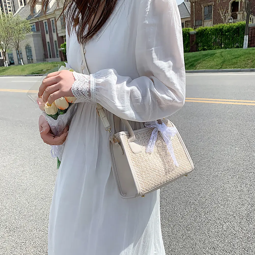 Straw Woven Shoulder Bag Summer Beach Lace Splicing Women Shopping Beach Purse