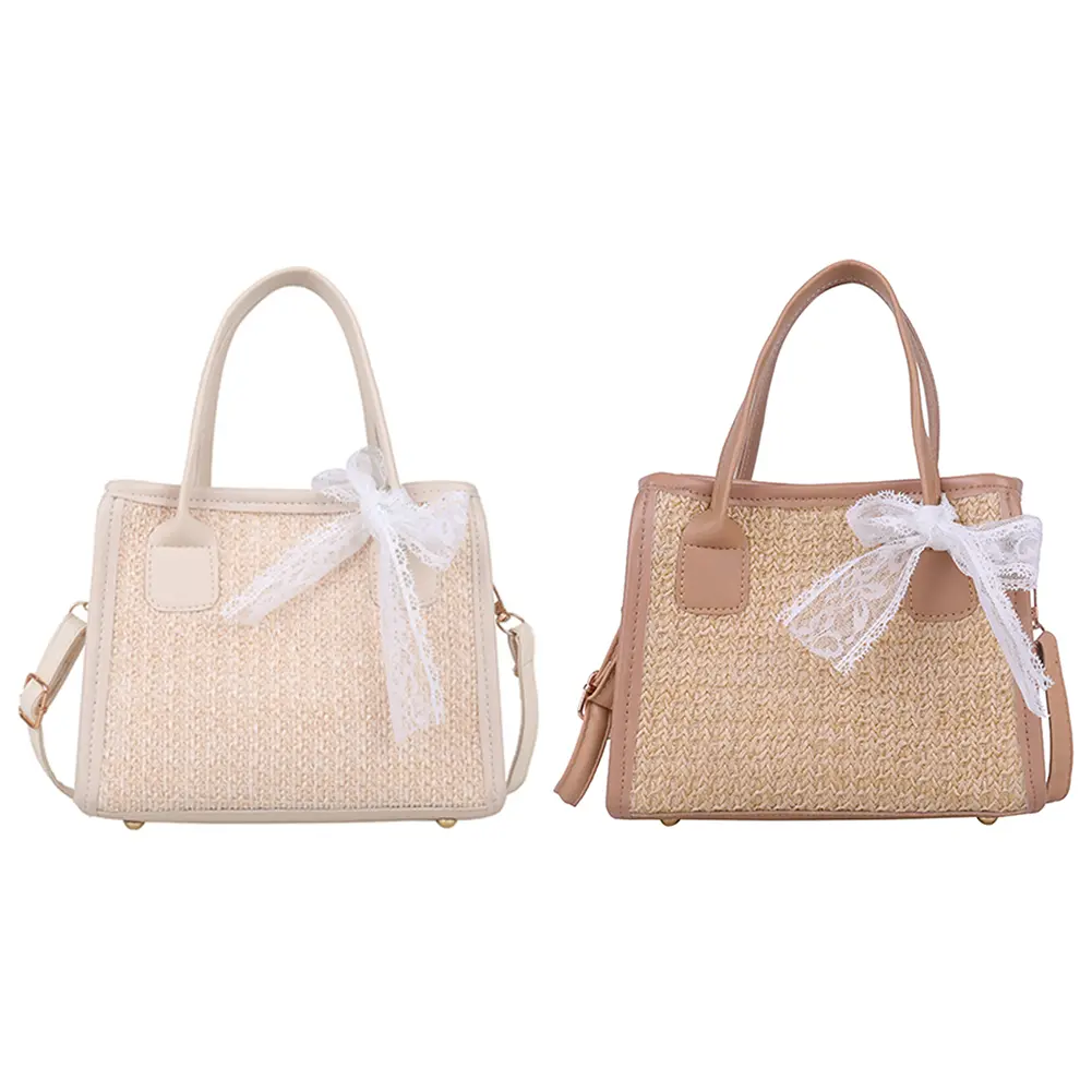 Straw Woven Shoulder Bag Summer Beach Lace Splicing Women Shopping Beach Purse