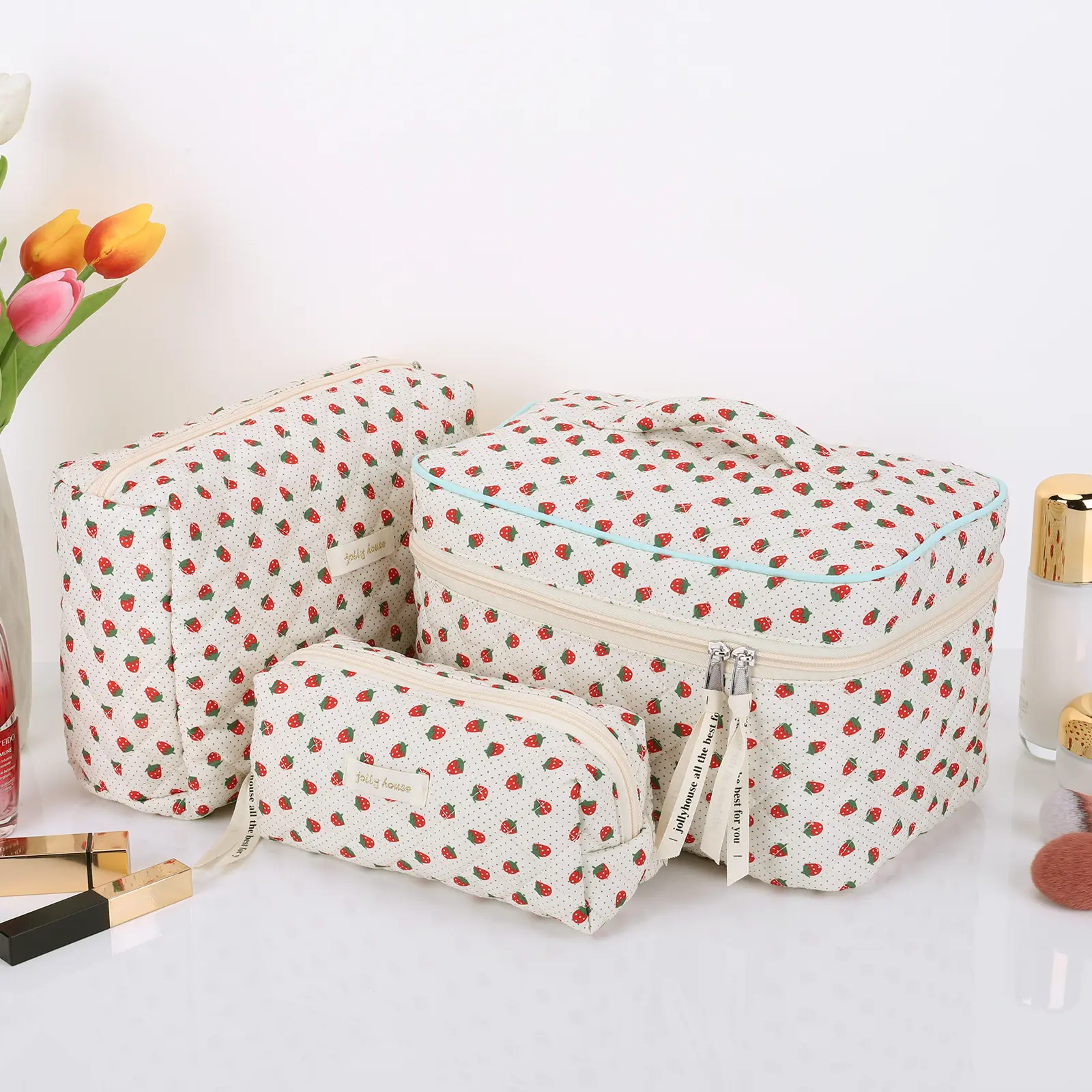 3Pcs Cosmetic Bag with Zipper Quilted Makeup Organizer Storage Bag Large Capacity Cosmetic Organizer Case for Women Girls