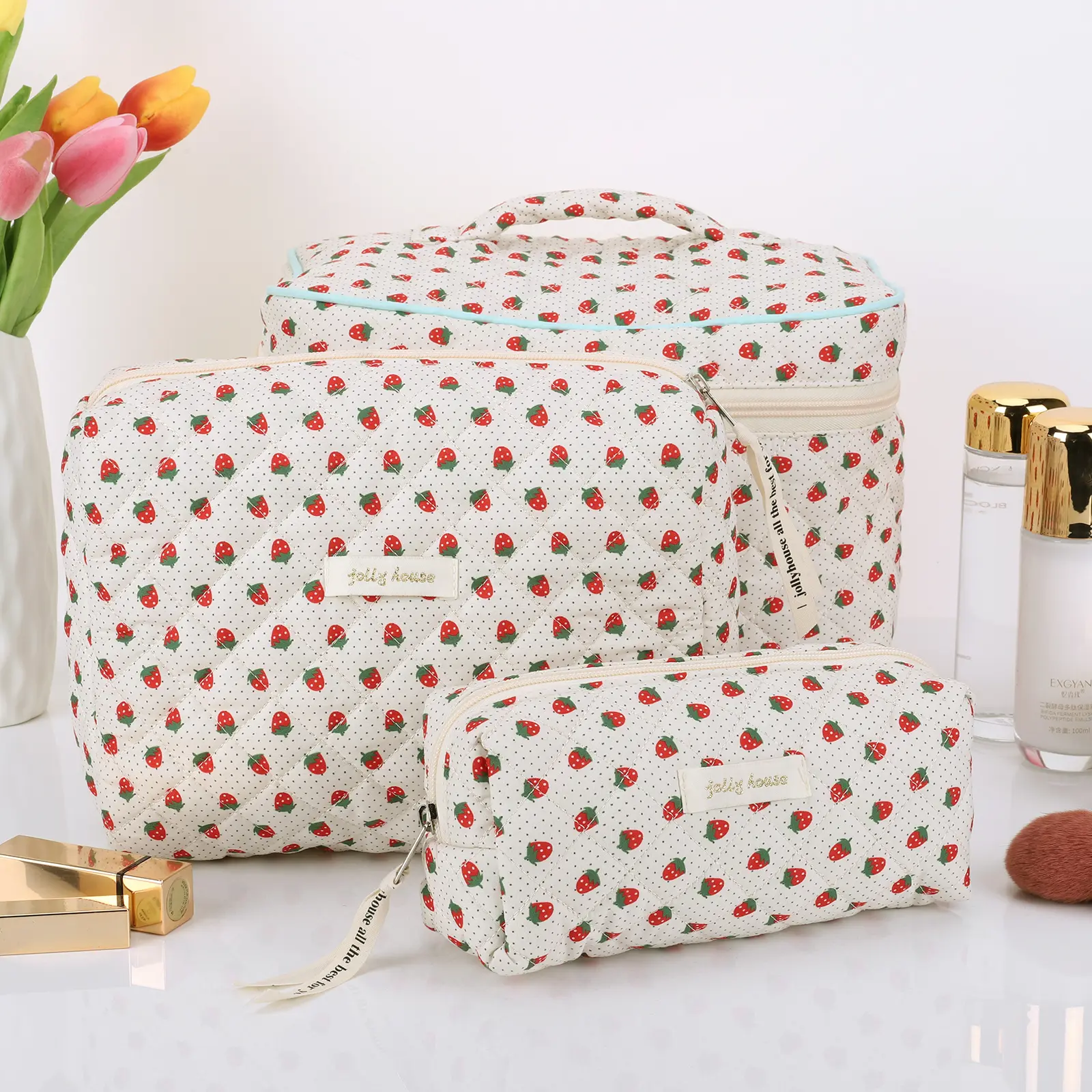 3Pcs Cosmetic Bag with Zipper Quilted Makeup Organizer Storage Bag Large Capacity Cosmetic Organizer Case for Women Girls