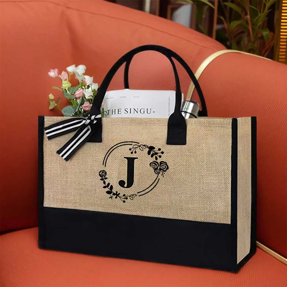 Women Jute Tote Bag Summer Beach Bag Large Capacity Personalized Tote Bag Fashion Shopping Bag for Teachers Friends Bridesmaids