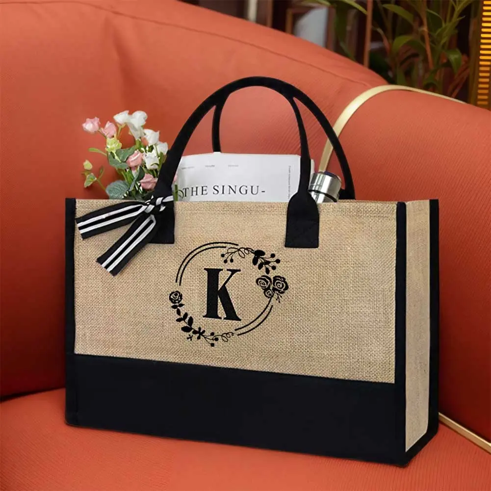 Women Jute Tote Bag Summer Beach Bag Large Capacity Personalized Tote Bag Fashion Shopping Bag for Teachers Friends Bridesmaids