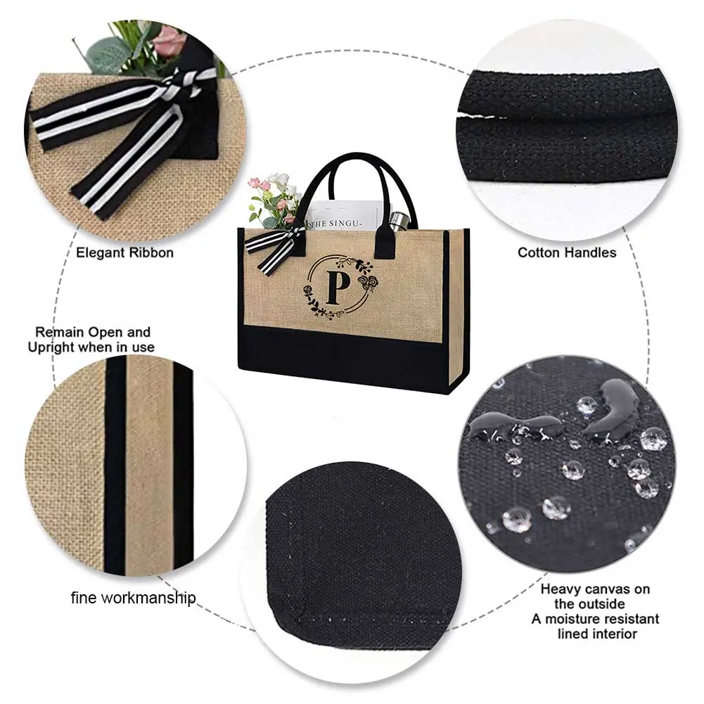 Women Jute Tote Bag Summer Beach Bag Large Capacity Fashion Shopping Bag Linen Travel Handbag for Teachers Friends Bridesmaids