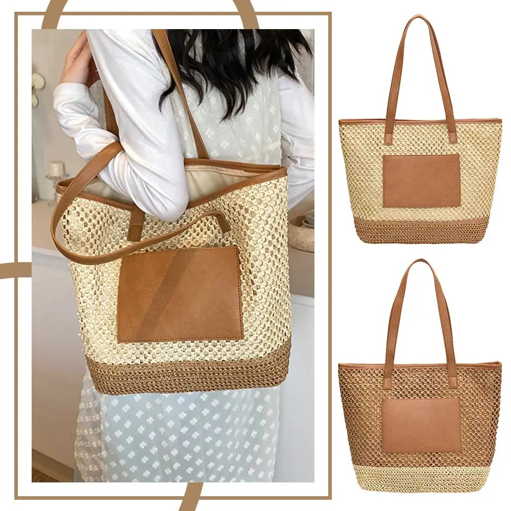 Women Straw Tote Handbag PU Patchwork Crochet Beach Handbag Contrast Color Minimalist Tote Bag Ladies Summer Daily Bag