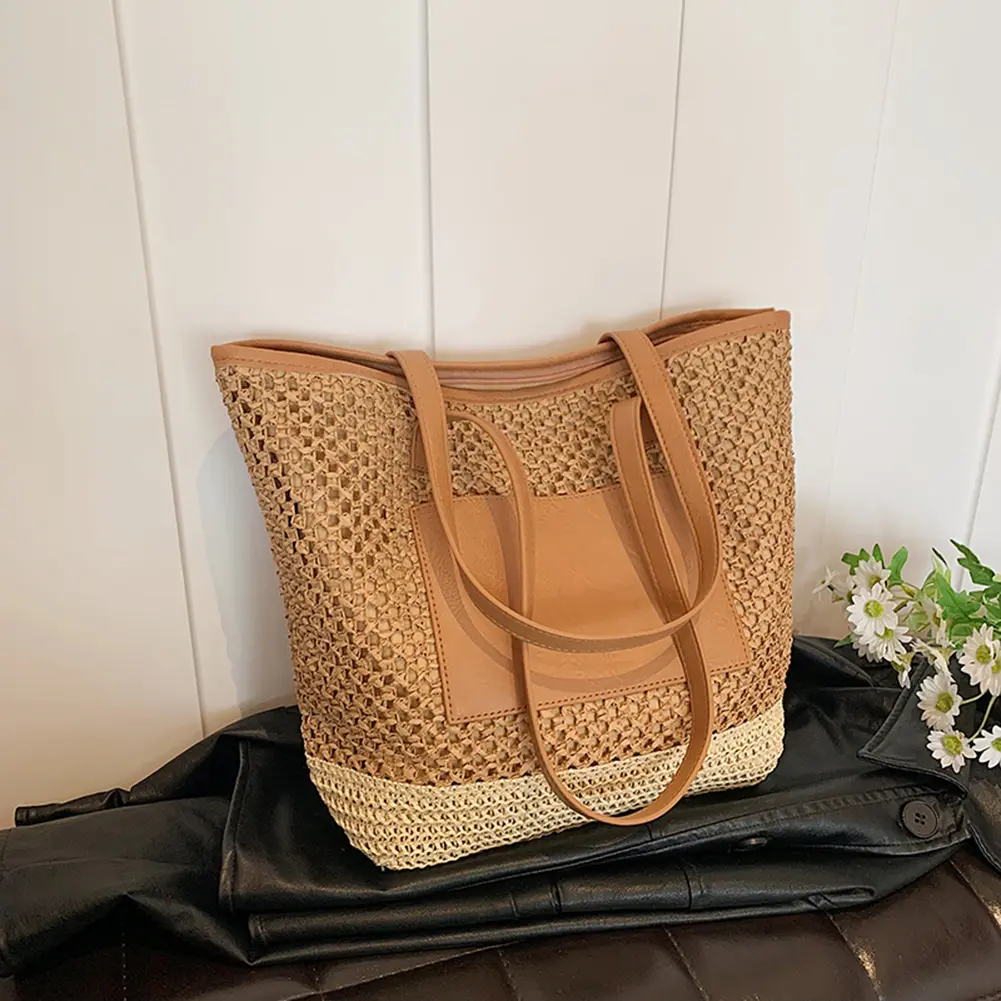 Women Straw Tote Handbag PU Patchwork Crochet Beach Handbag Contrast Color Minimalist Tote Bag Ladies Summer Daily Bag