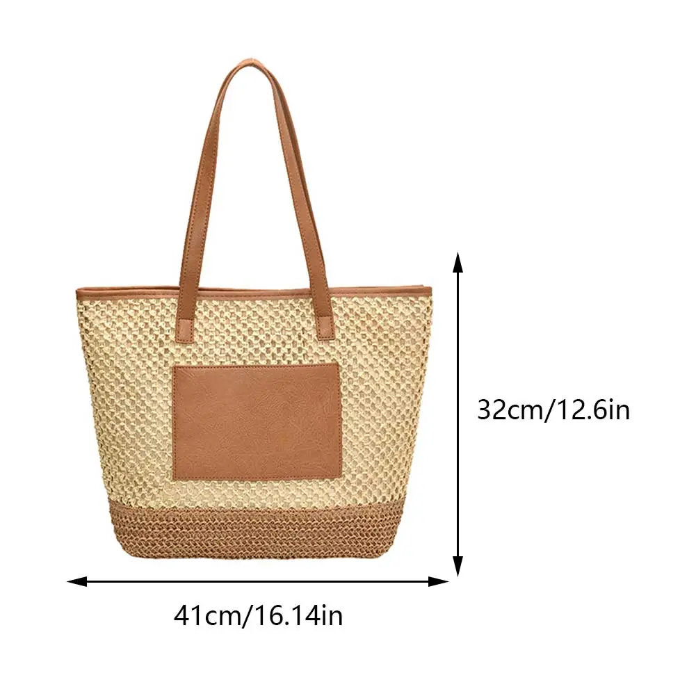 Women Straw Tote Handbag PU Patchwork Crochet Beach Handbag Contrast Color Minimalist Tote Bag Ladies Summer Daily Bag