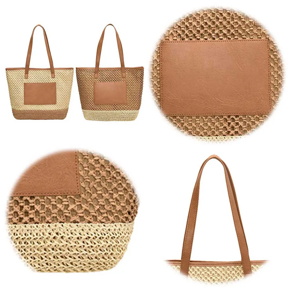 Women Straw Tote Handbag PU Patchwork Crochet Beach Handbag Contrast Color Minimalist Tote Bag Ladies Summer Daily Bag