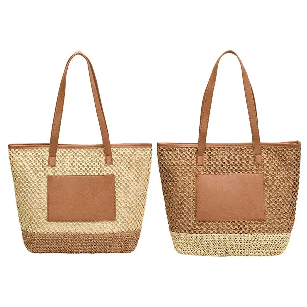 Women Straw Tote Handbag PU Patchwork Crochet Beach Handbag Contrast Color Minimalist Tote Bag Ladies Summer Daily Bag