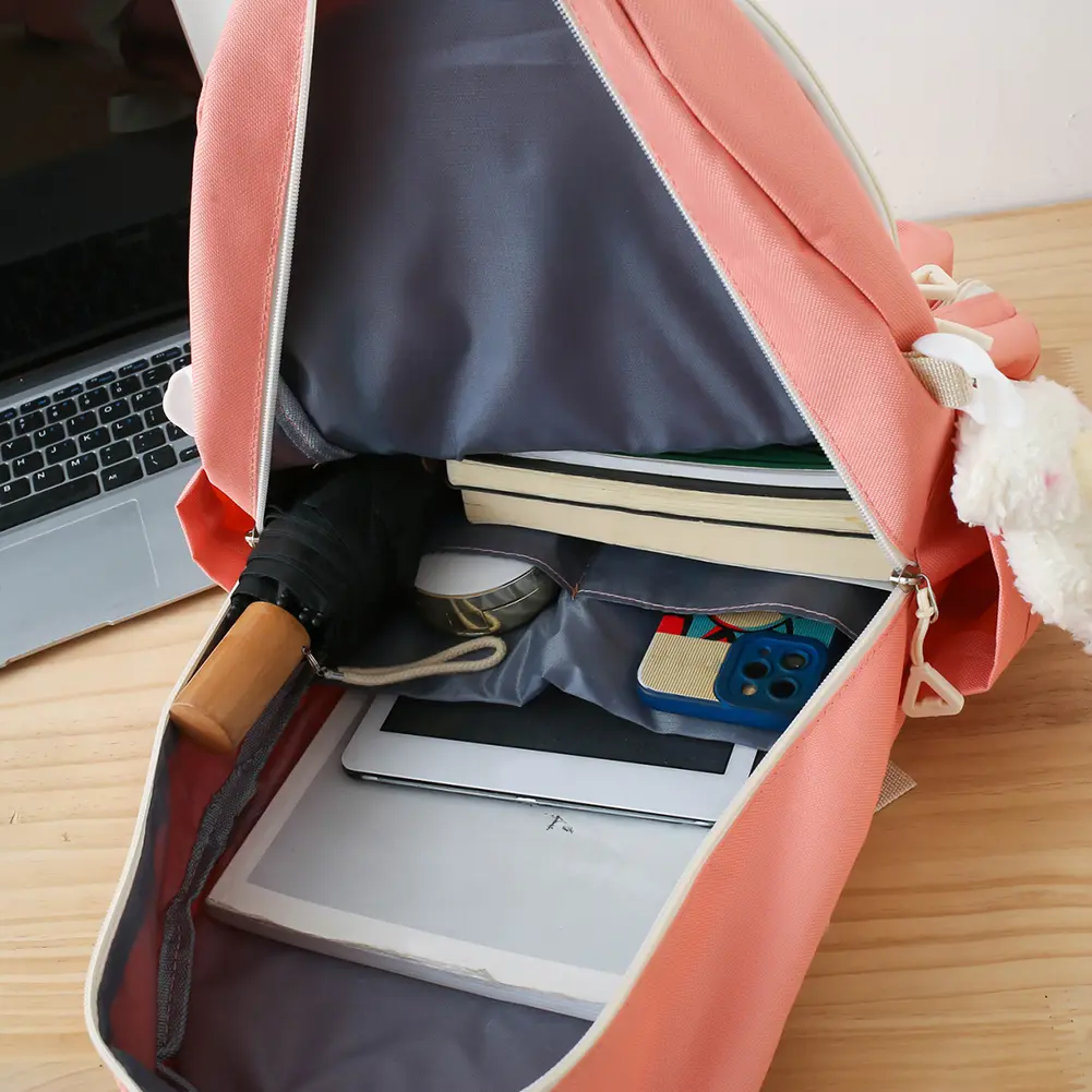 5pcs Backpack Combo Set Large Capacity Patchwork Handbag Canvas with Pendant for Primary Middle School Students