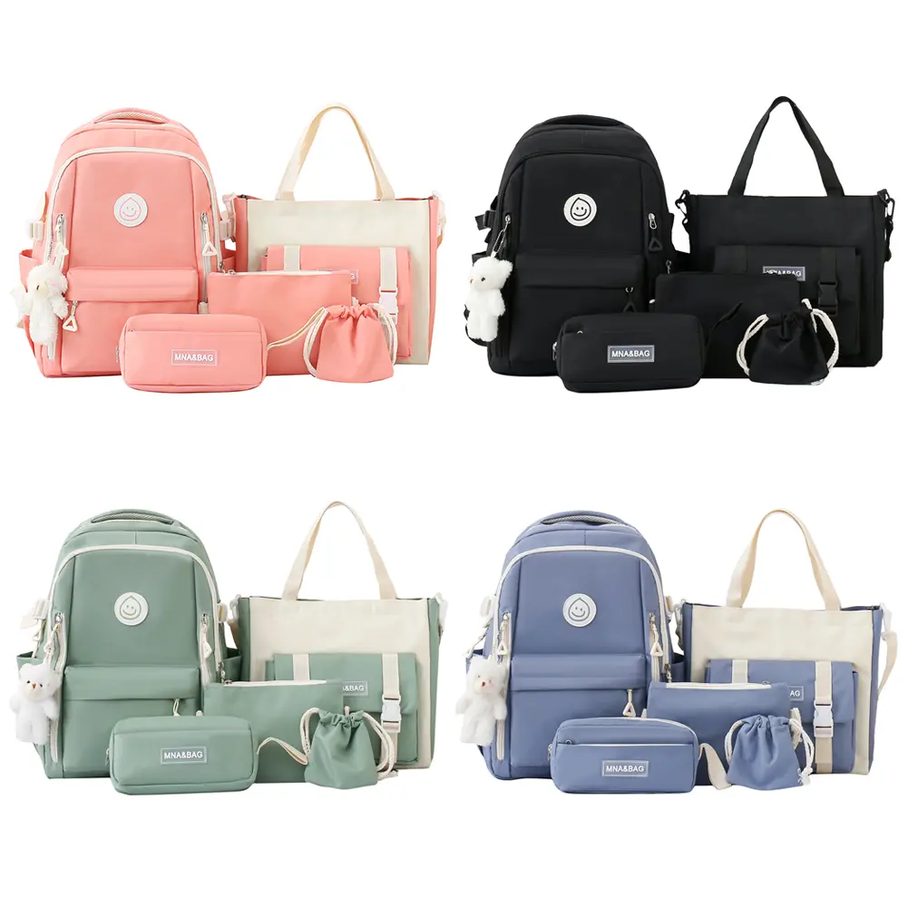 5pcs Backpack Combo Set Large Capacity Patchwork Handbag Canvas with Pendant for Primary Middle School Students