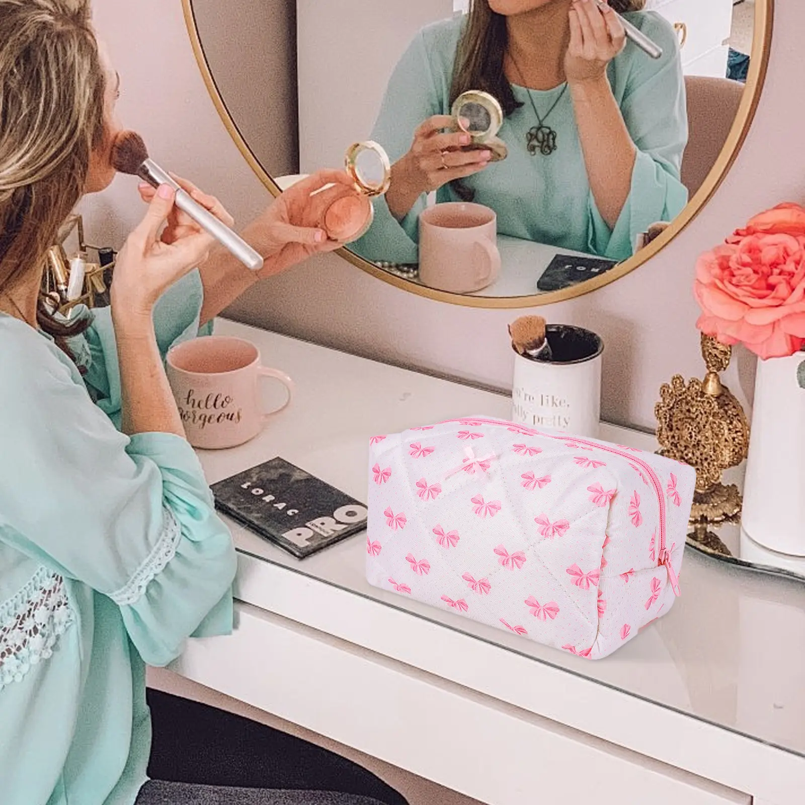 Cute Bow Pattern Makeup Organizer Storage Bag with Zipper Cosmetic Organizer Case Cotton Quilted Aesthetic for Women and Girls